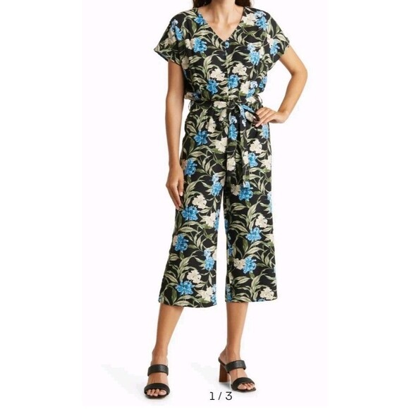 Kensie Jeans Tie Back Linen Blend Jumpsuit In Hibiscus Sky Combo Large - Picture 4 of 15